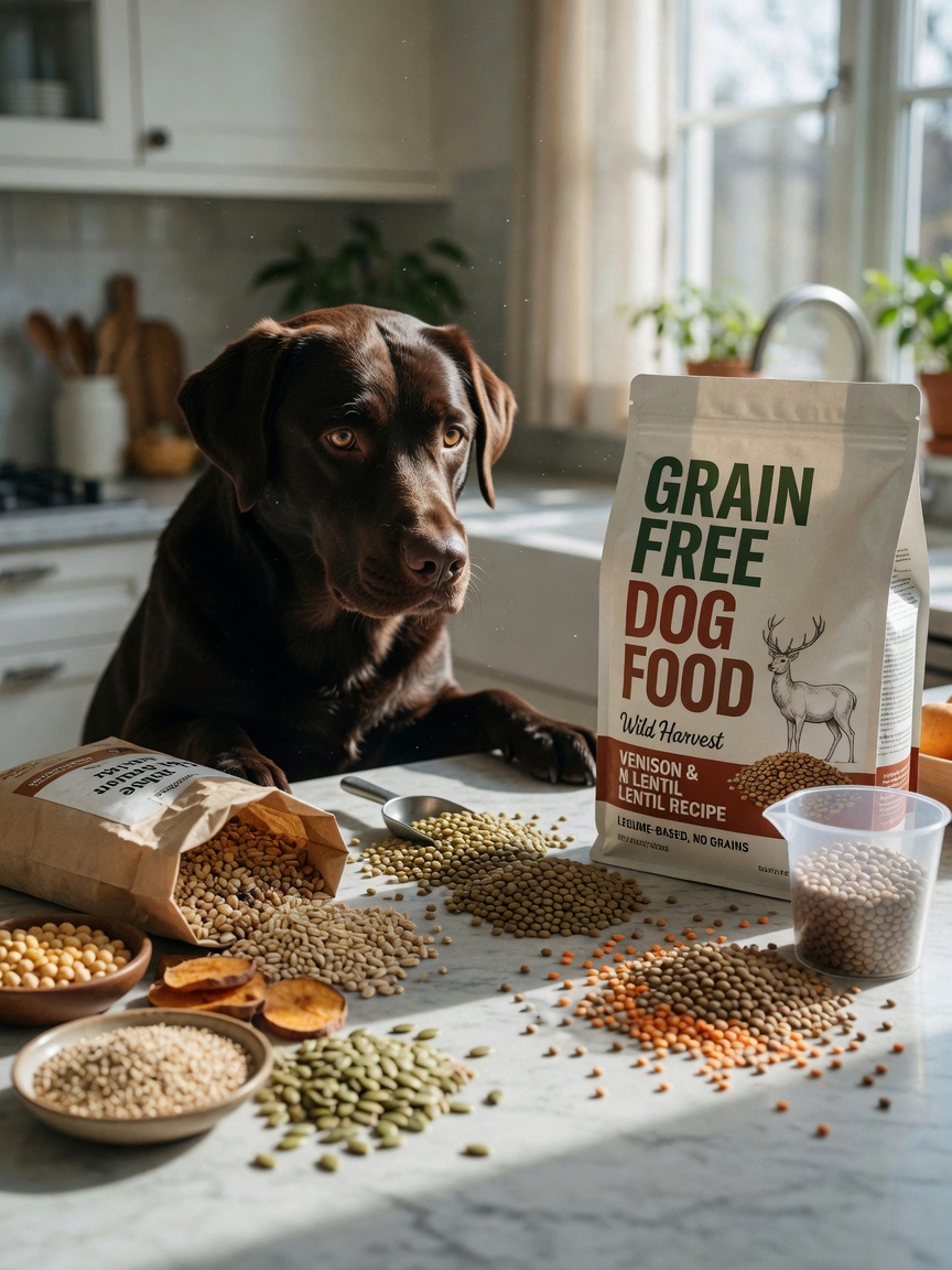 Ingredientes de pienso sin cereales para perros en la encimera de la cocina con un Retriever de Labrador curioso observando