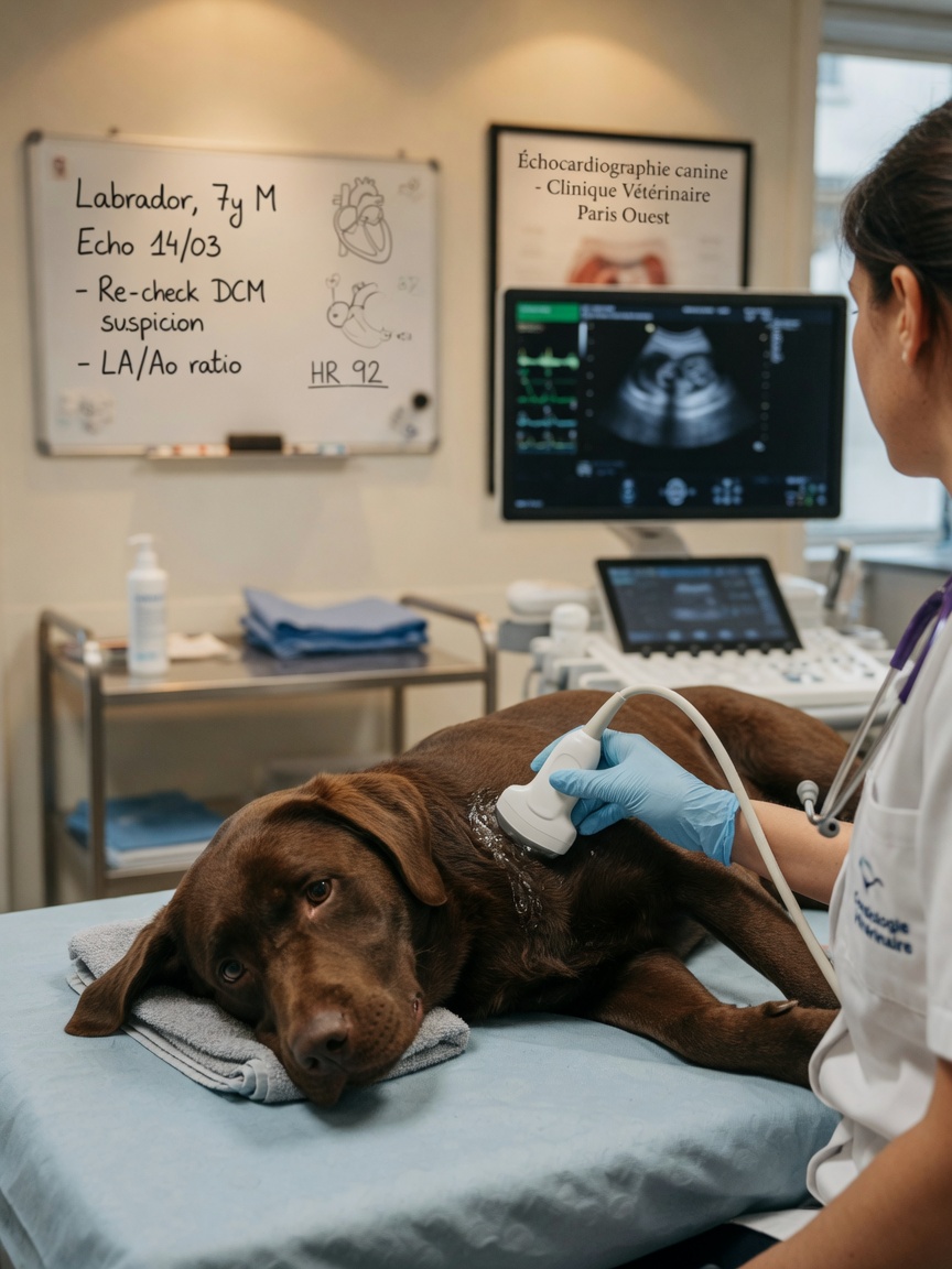 Veterinary cardiologist performing cardiac ultrasound on a Labrador Retriever in a modern veterinary clinic