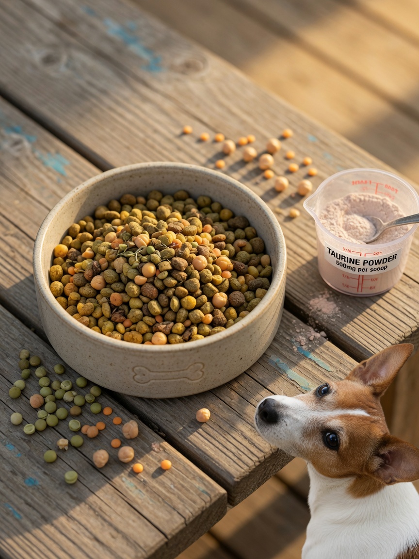Close-up of grain-free dog food with legumes and lentils visible, Jack Russell Terrier watching from beside
