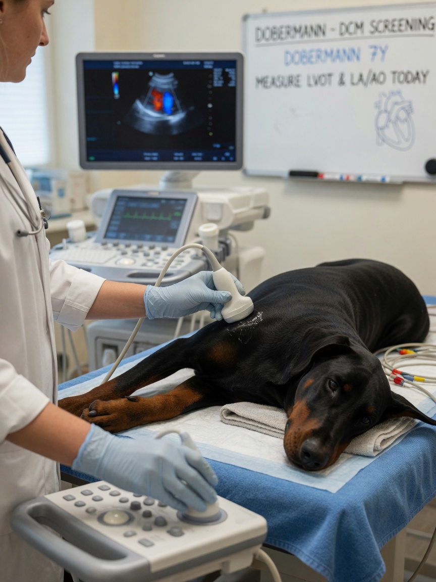 Veterinarian performing heart ultrasound on Dobermann dog suspected of dilated cardiomyopathy