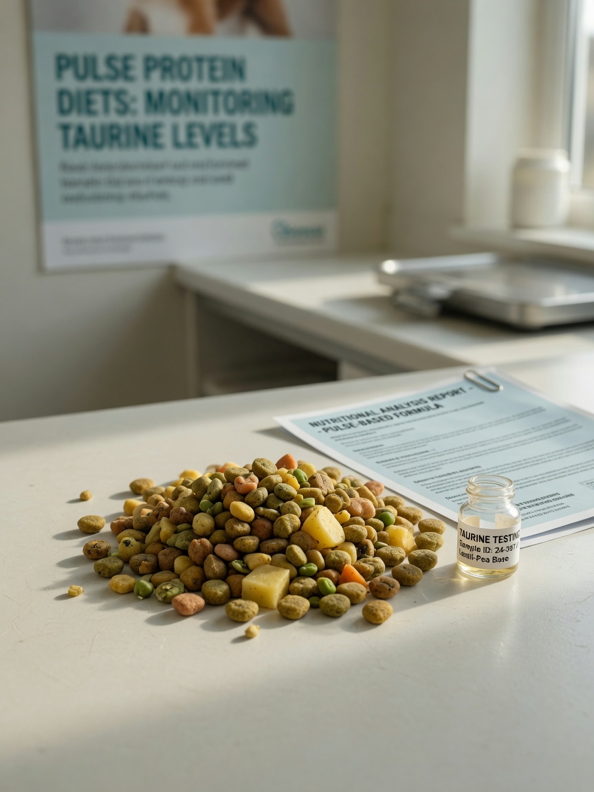 Legume-based grain-free dog food kibble displayed with taurine testing materials
