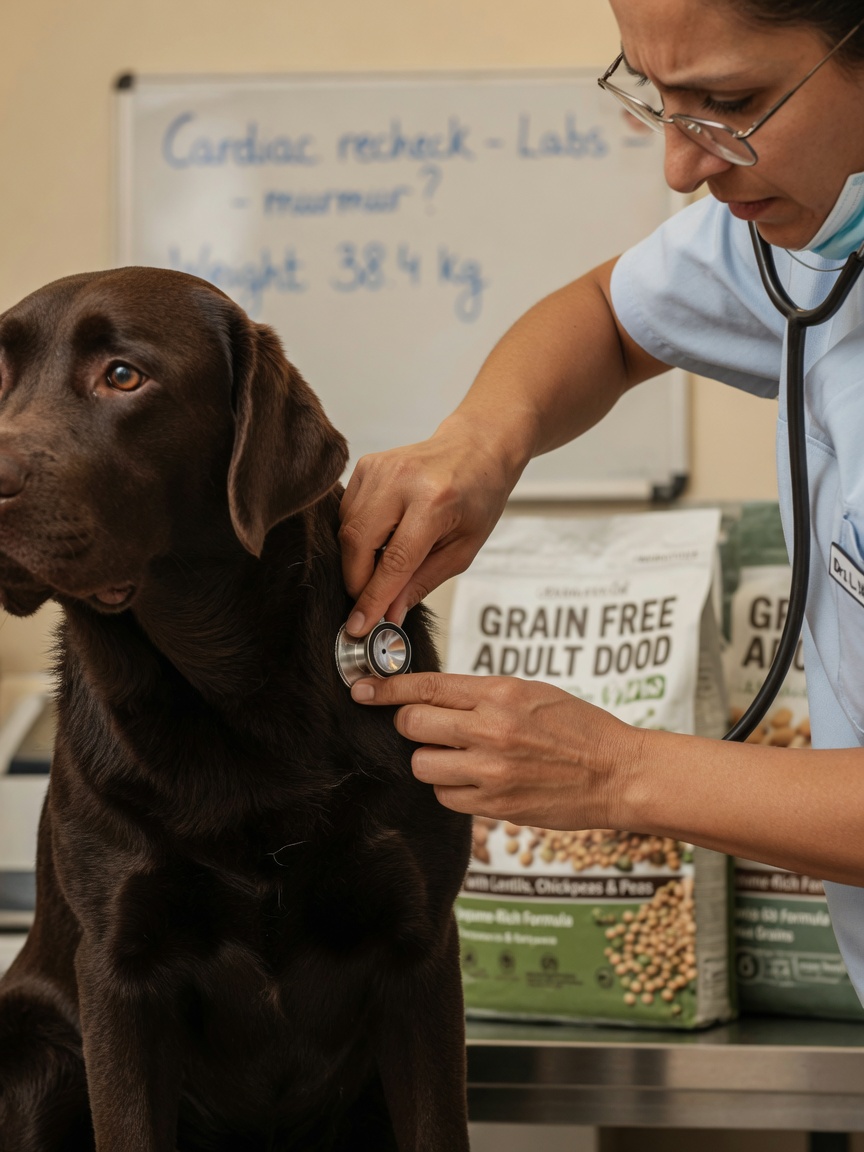 Veterinarian performing cardiac examination on a Labrador Retriever with stethoscope, grain-free food bags visible in background