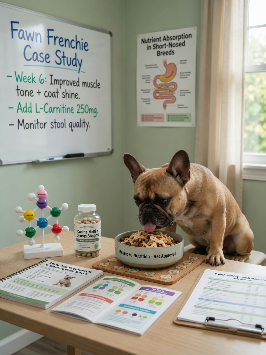 French Bulldog eating from a nutritionally balanced bowl with amino acid model and supplements on desk nearby