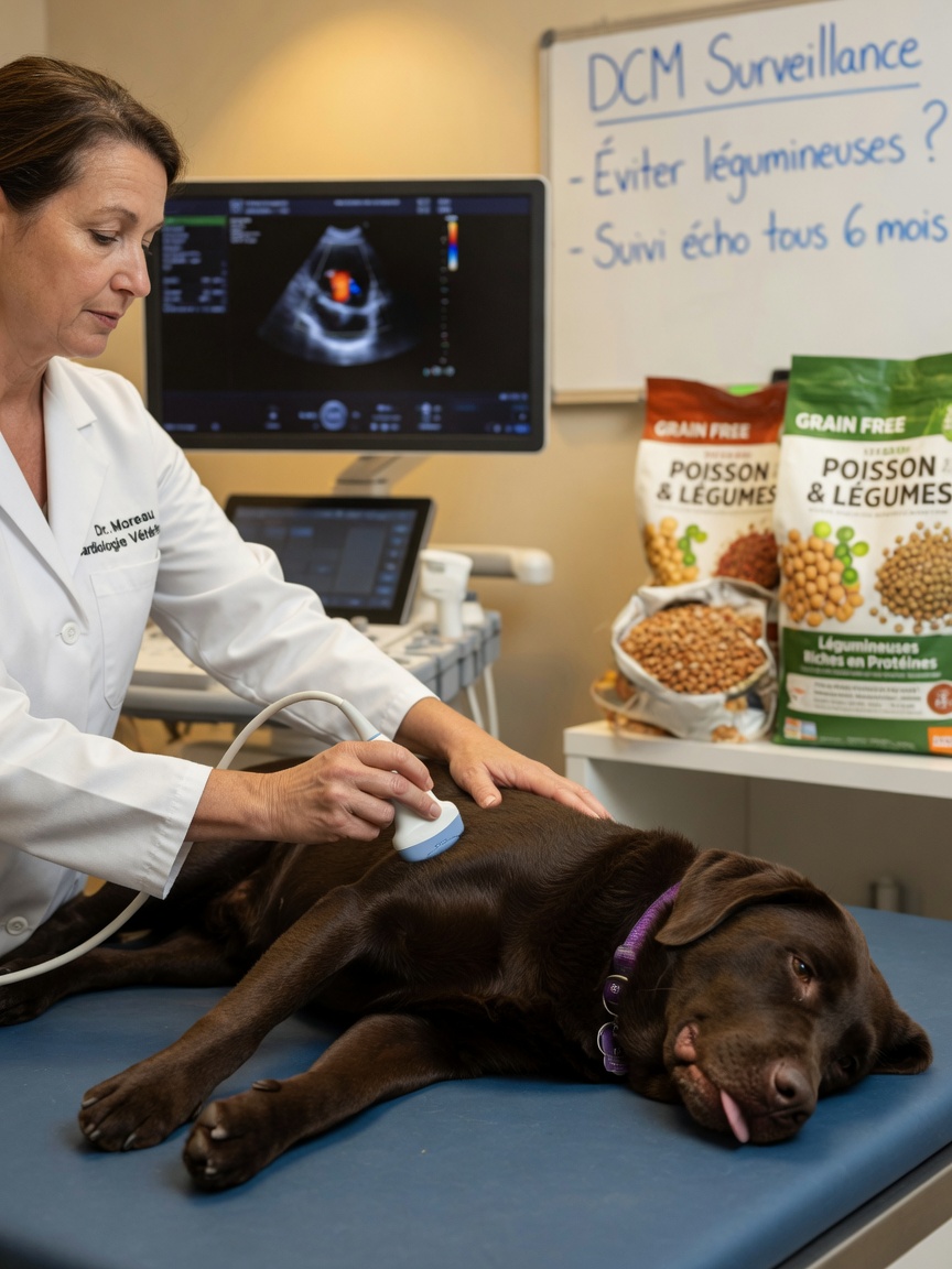Veterinary cardiologist performing echocardiography ultrasound examination on a Labrador Retriever to assess heart health