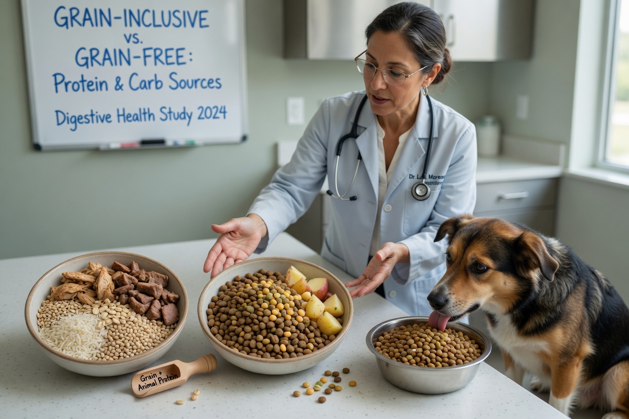 Side-by-side comparison of grain-inclusive versus grain-free dog food ingredients with a healthy dog eating from a grain-inclusive bowl