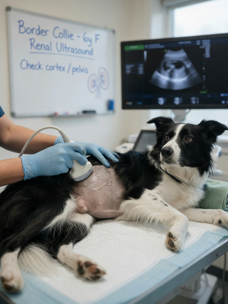 Veterinarian performing ultrasound examination on border collie's abdomen to assess kidney damage