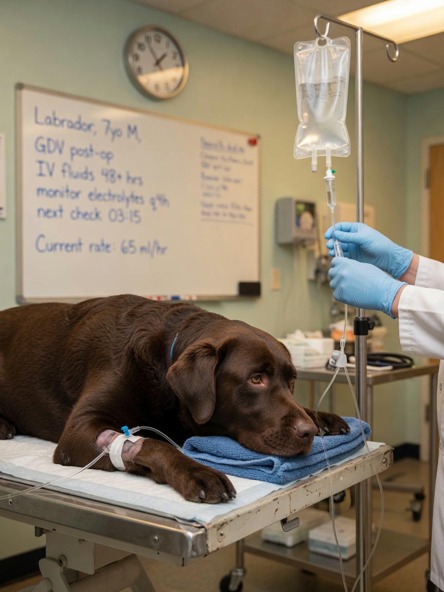Labrador receiving intravenous fluid diuresis treatment during emergency veterinary care for kidney injury