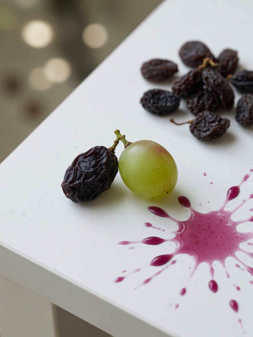 Close-up of fresh grape, raisin, and grape juice showing different toxic forms of the same fruit