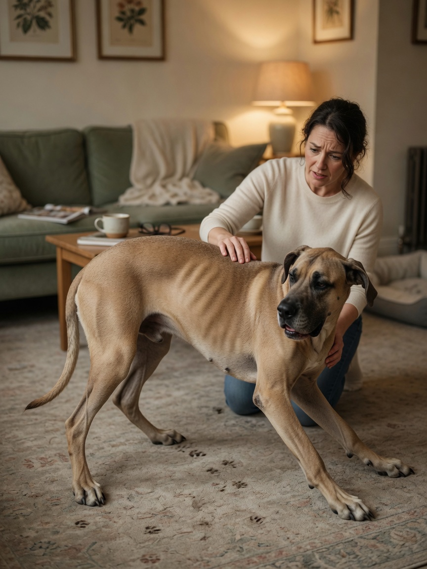 A restless Great Dane in a hunched posture showing discomfort, with an attentive owner watching closely at home.