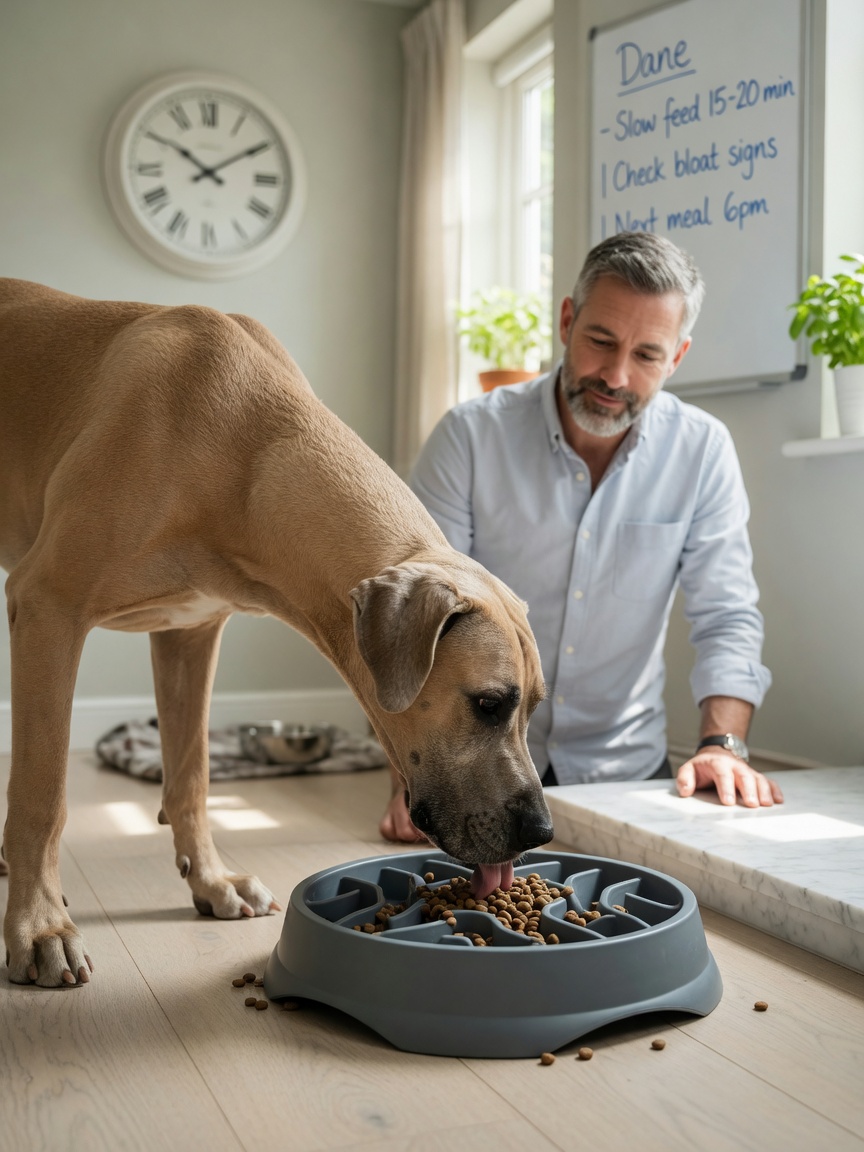 A Great Dane eating from a slow-feeder bowl under attentive owner supervision, demonstrating preventative care for bloat.