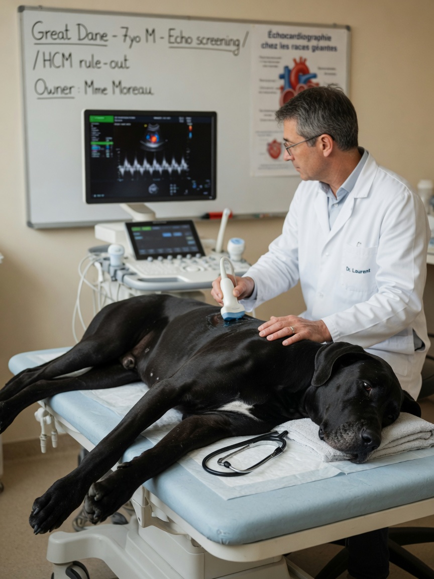 Great Dane undergoing cardiac echocardiography screening by a veterinary cardiologist