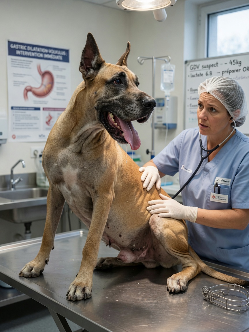 Great Dane with distended abdomen during emergency veterinary examination