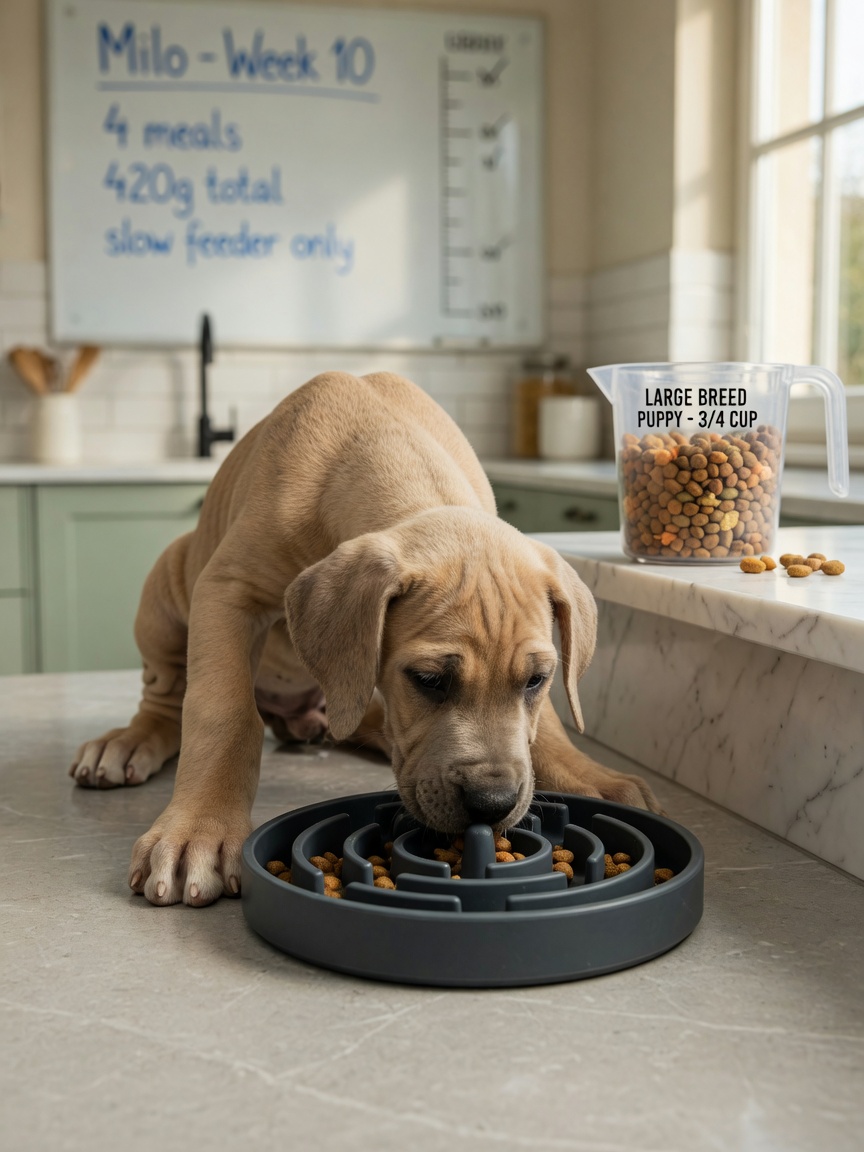 Great Dane puppy eating from slow-feeder bowl during mealtime