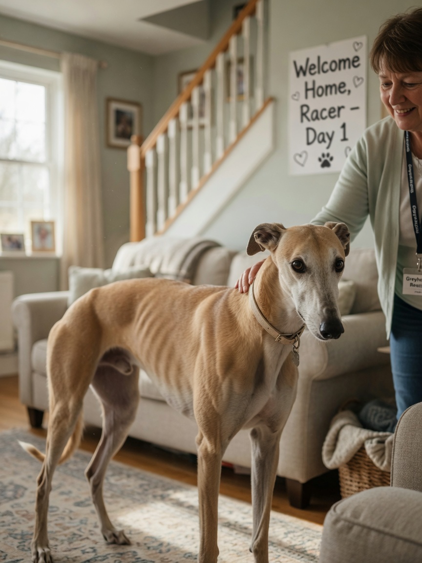 An ex-racing Greyhound being introduced to home life with a handler, showing the breed's calm temperament during adaptation