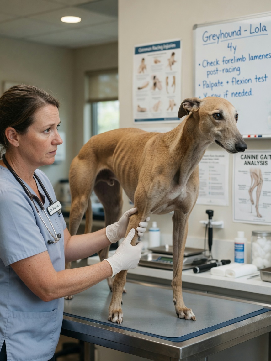 A veterinarian examining a Greyhound's leg during a health assessment in a clinical setting