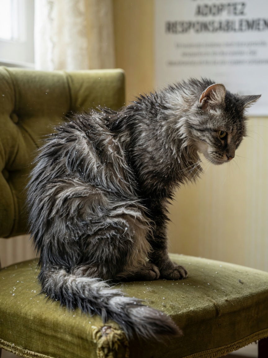 Senior cat with dull, matted coat showing signs of reduced self-grooming