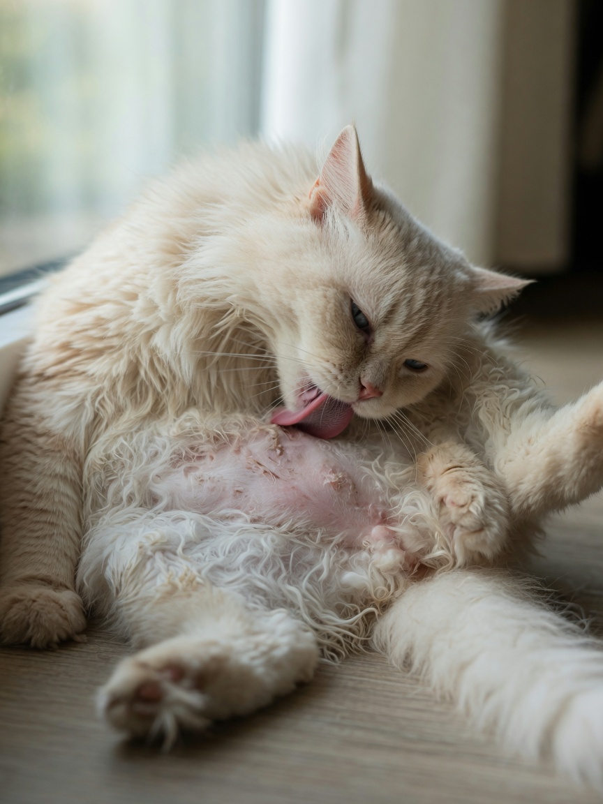 Cat obsessively licking belly area with visible hair loss and skin irritation from over-grooming