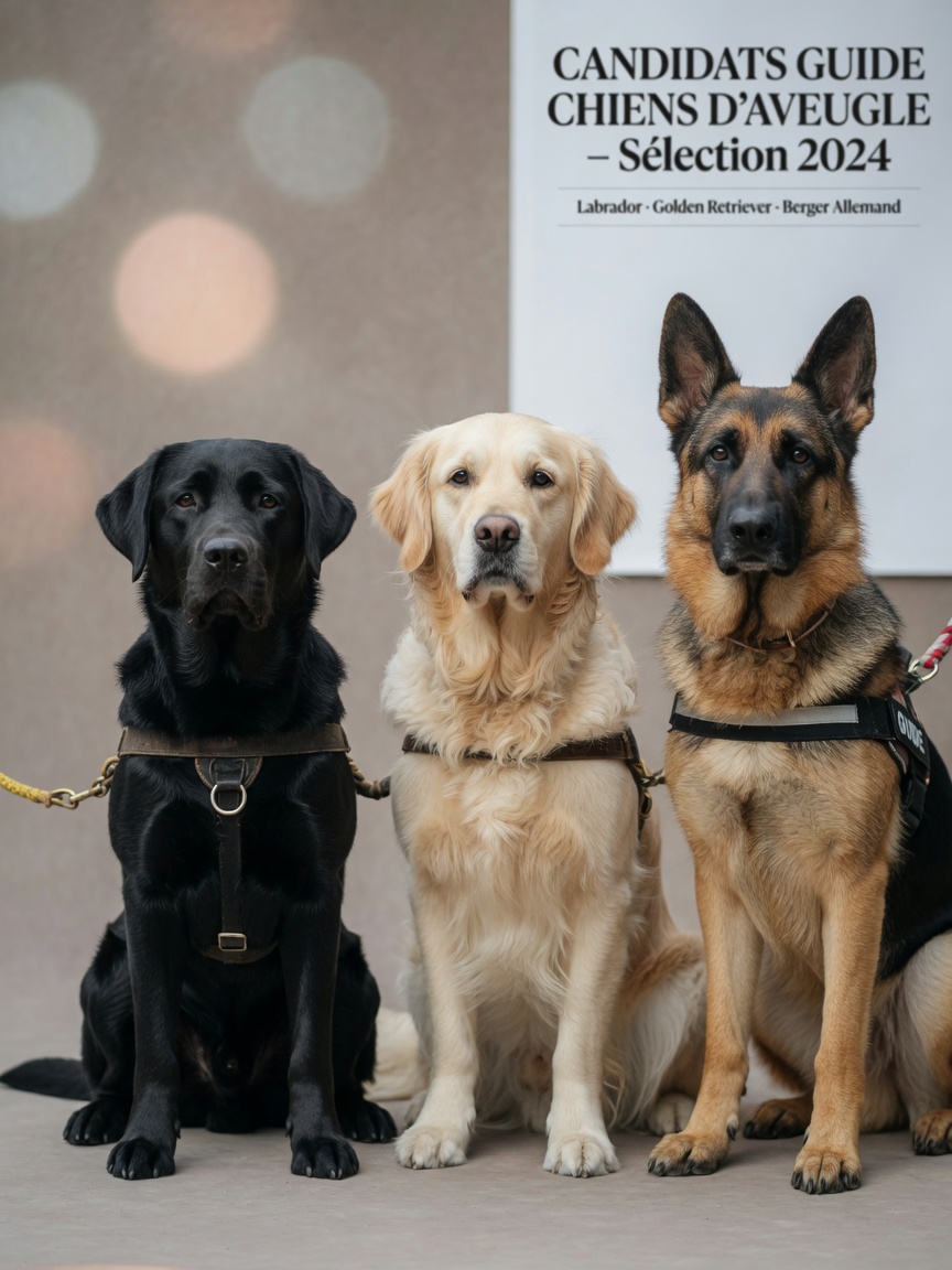 Three guide dog breeds together: black Labrador, Golden Retriever, and German Shepherd showing breed characteristics