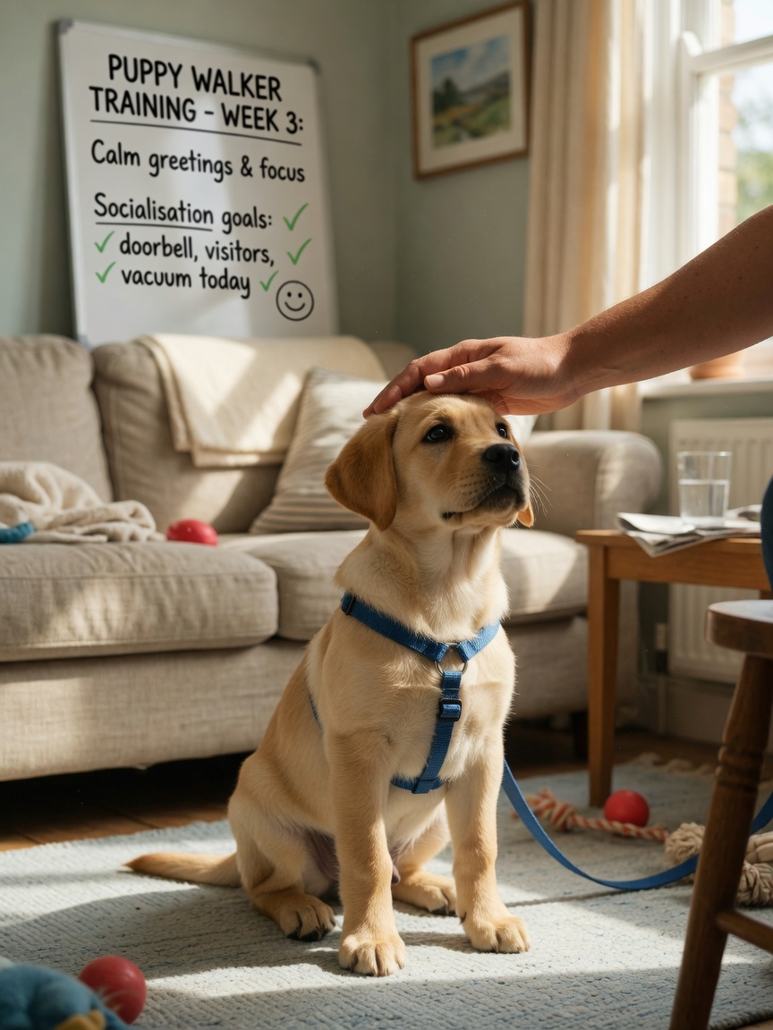 Labrador Retriever puppy with handler during early socialization and puppy walker training phase