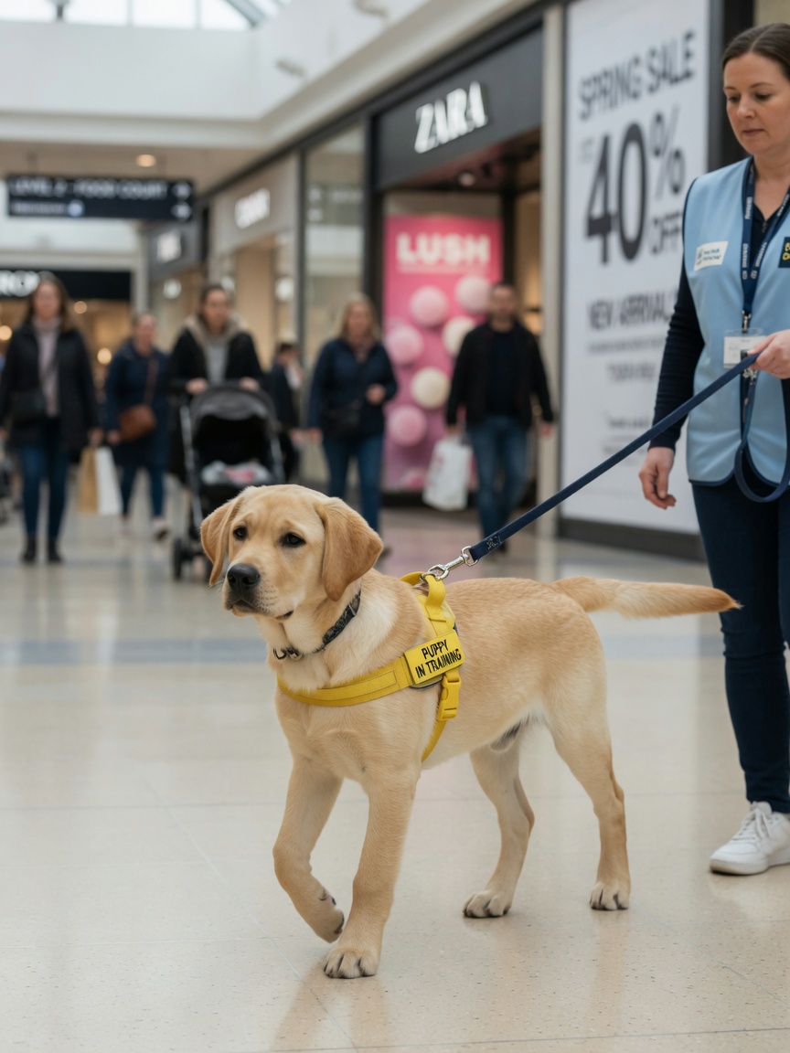 Yellow Labrador puppy learning to walk confidently in busy shopping centre environment