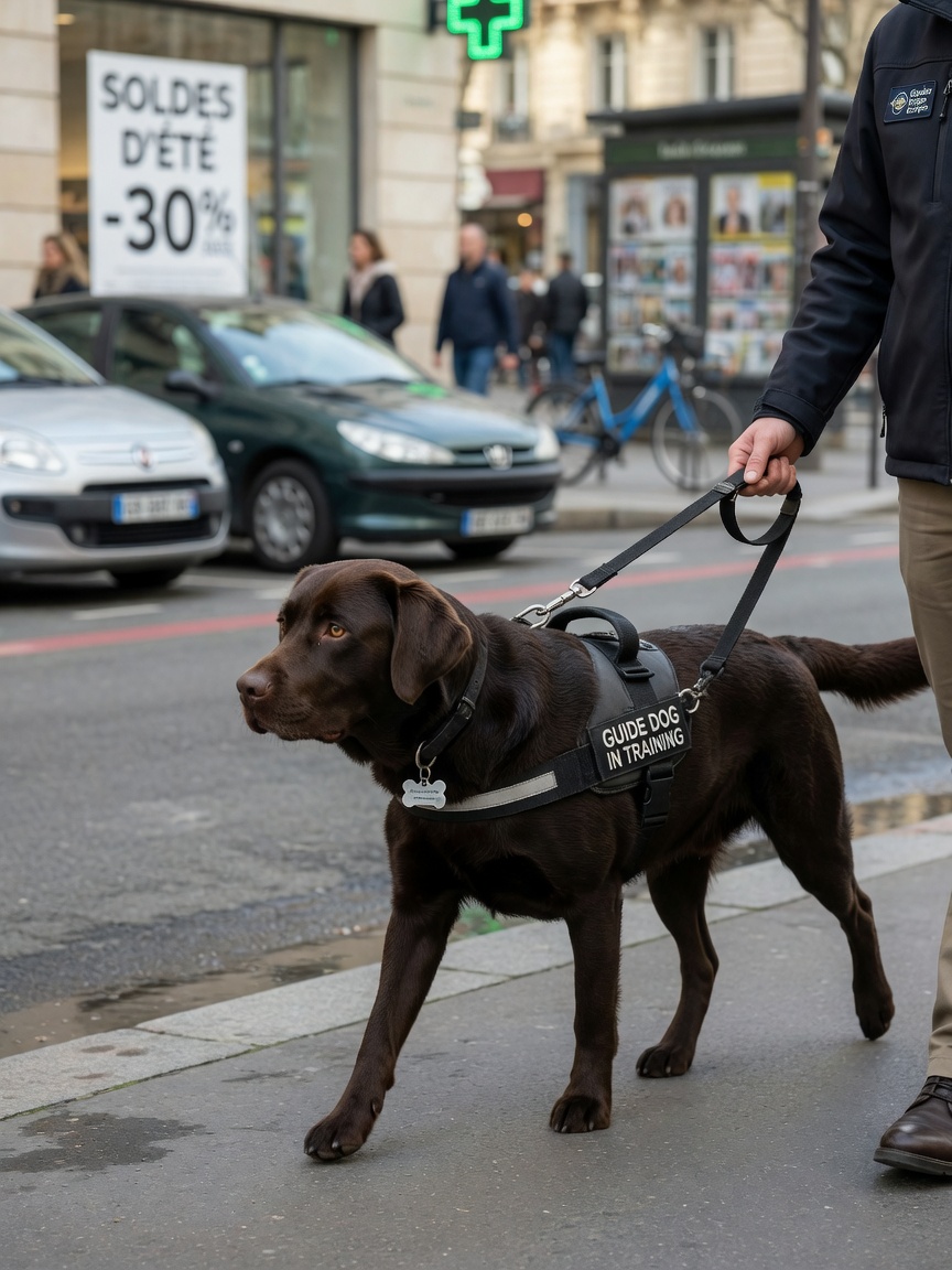 Adolescent chocolate Labrador in guide dog harness walking in straight line under trainer instruction