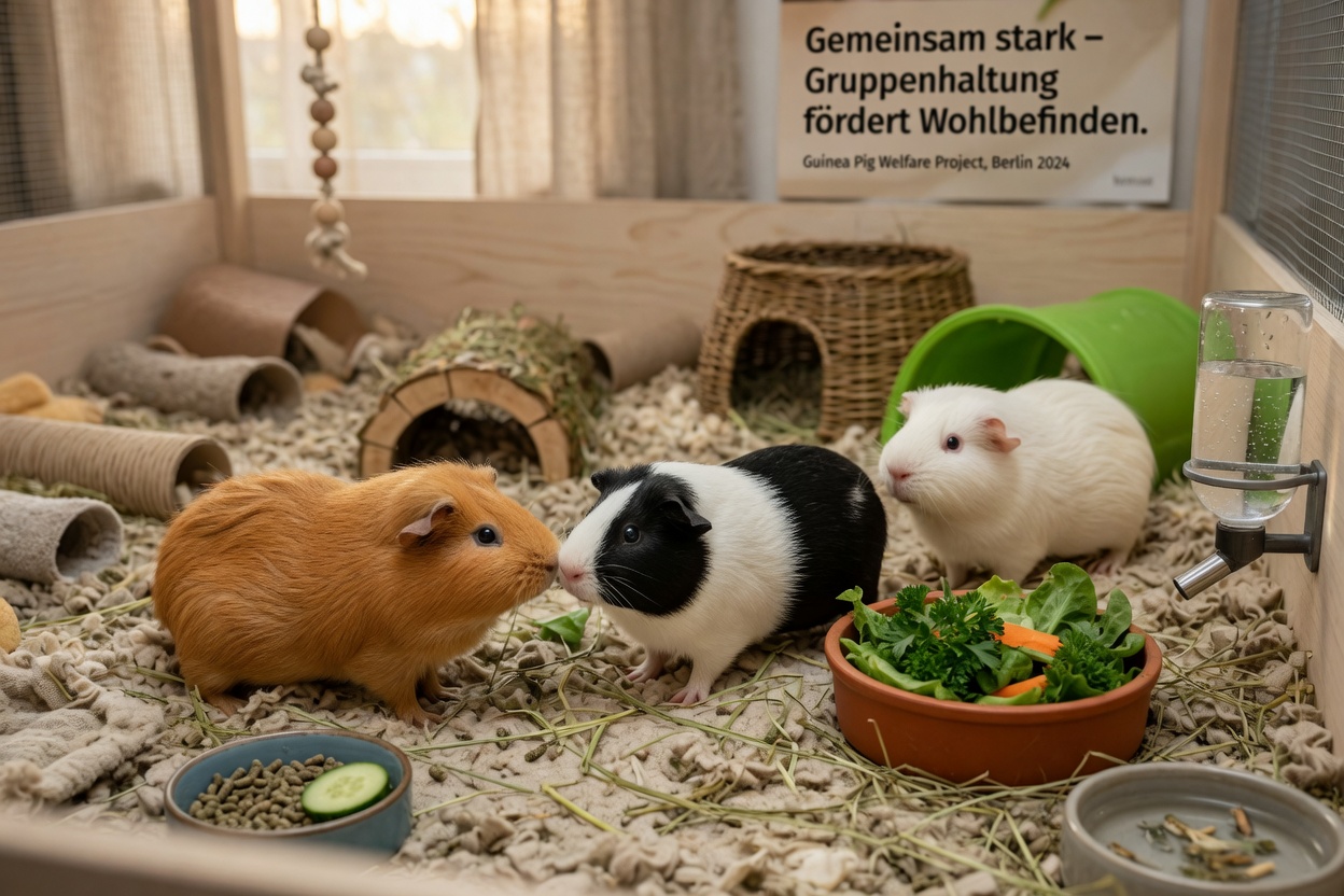 Three guinea pigs together in an enclosure with multiple food bowls and hides, showing positive social interaction