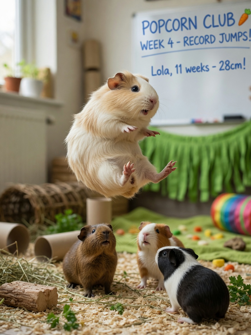 Guinea pig captured mid-popcorn jump in the air, demonstrating joyful and excited behavior