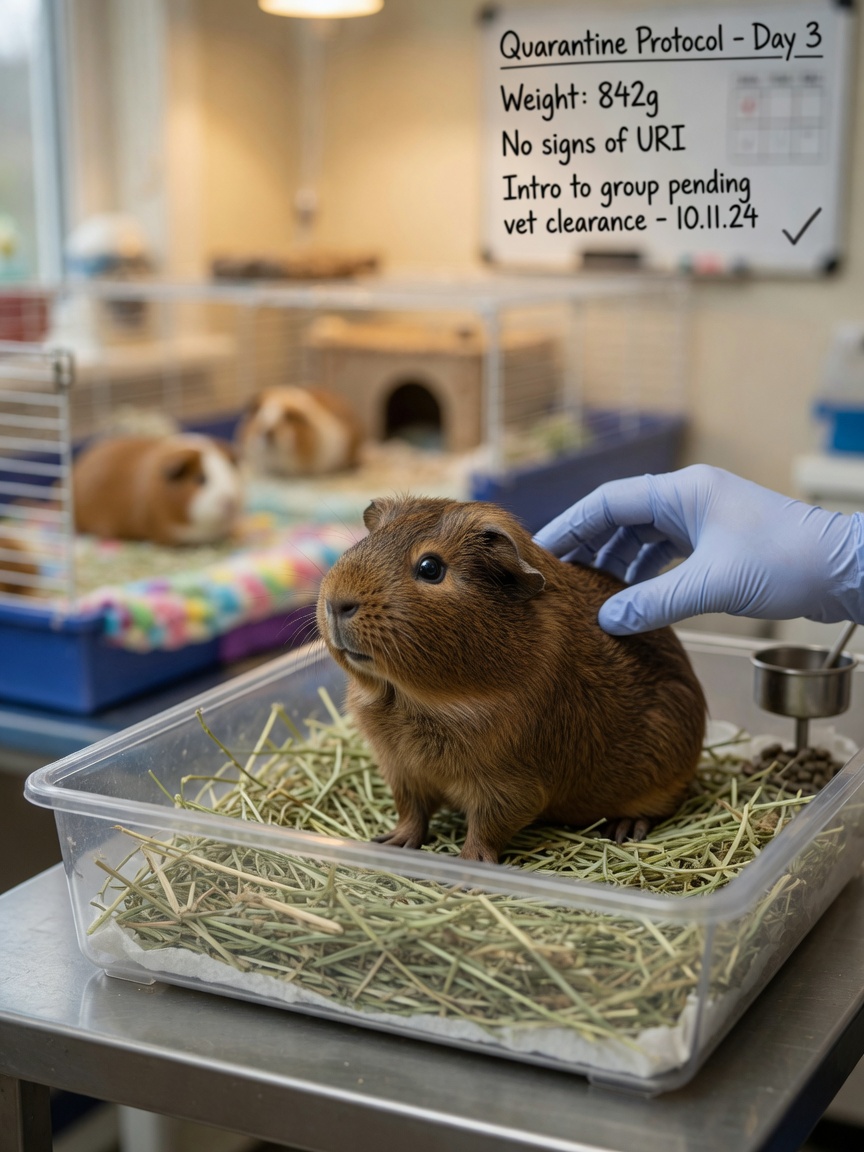 Ein Meerschweinchen wird während der Quarantäne in einem separaten Gehege vor der Einführung sanft untersucht