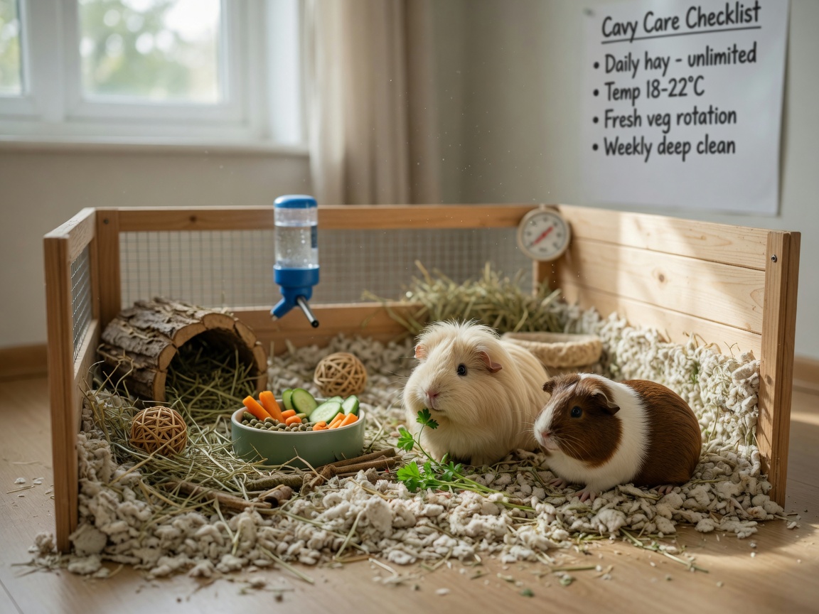 Interior of a spacious guinea pig enclosure with solid flooring, paper bedding, and hay
