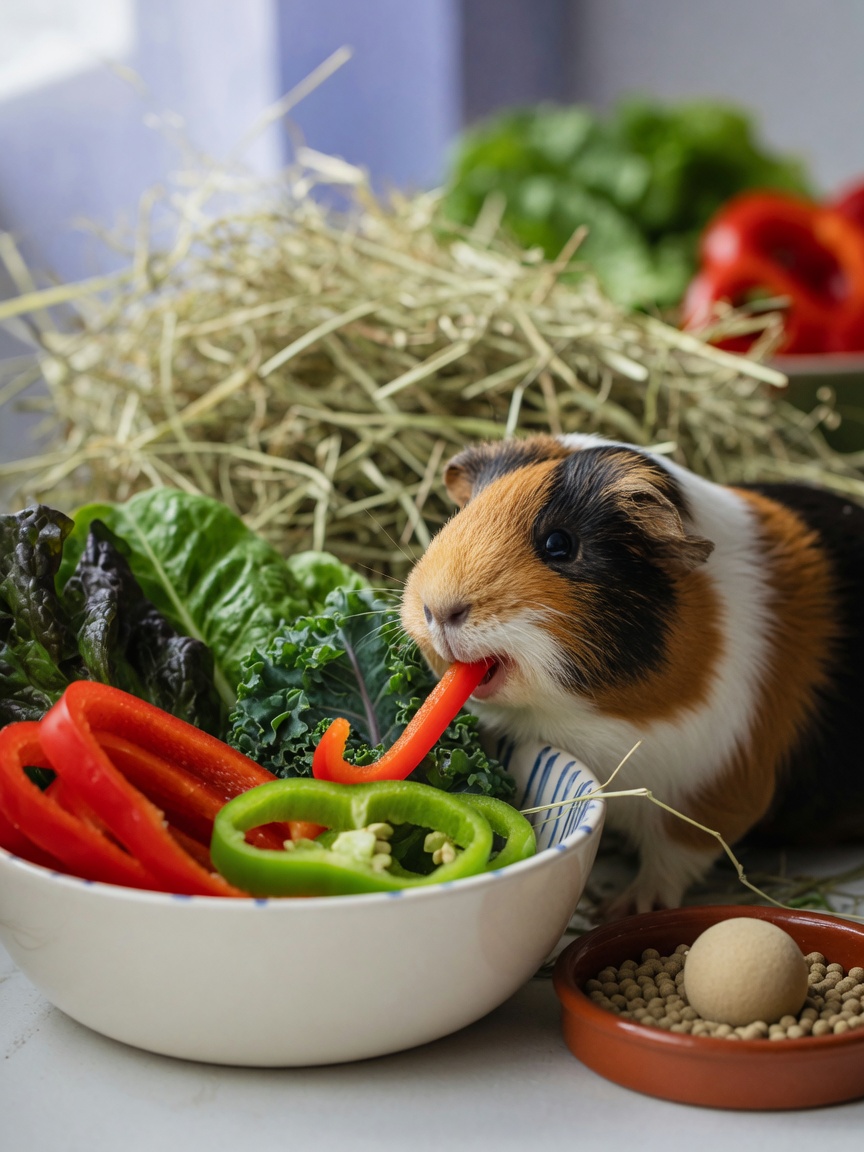 Guinea pig eating fresh vegetables including red peppers and kale from a bowl, with hay in background