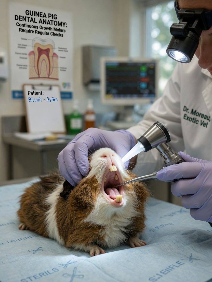 Exotic veterinarian examining guinea pig's cheek teeth with dental scope under sedation