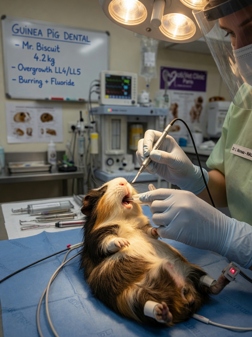 Veterinarian performing dental burring procedure on sedated guinea pig
