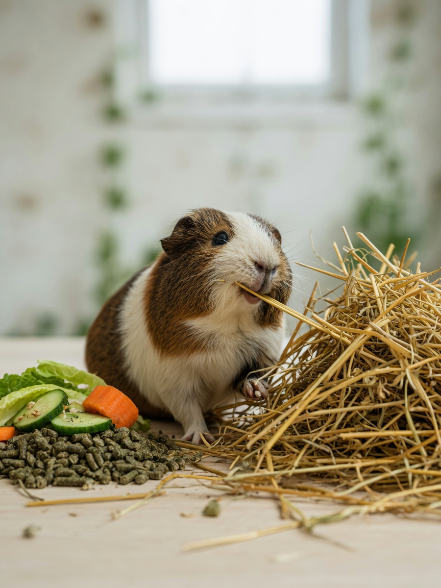 Guinea pig choosing between timothy hay and pellets, illustrating proper dental maintenance diet