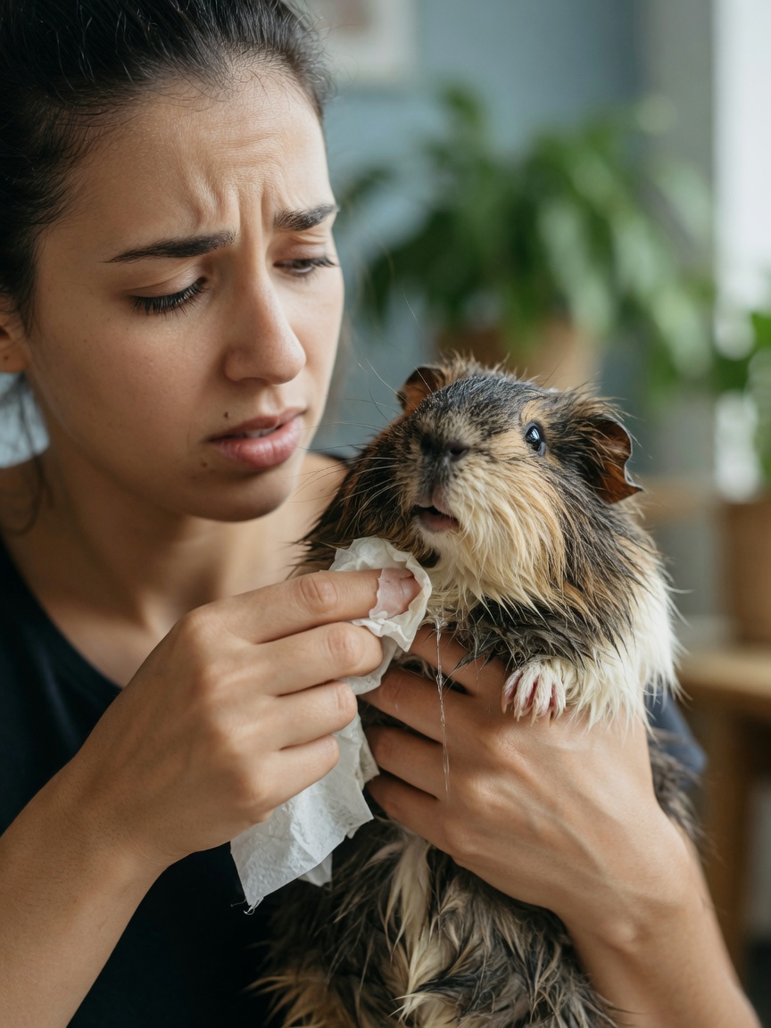 Guinea pig owner noticing drooling and wet chin as a warning sign of dental disease