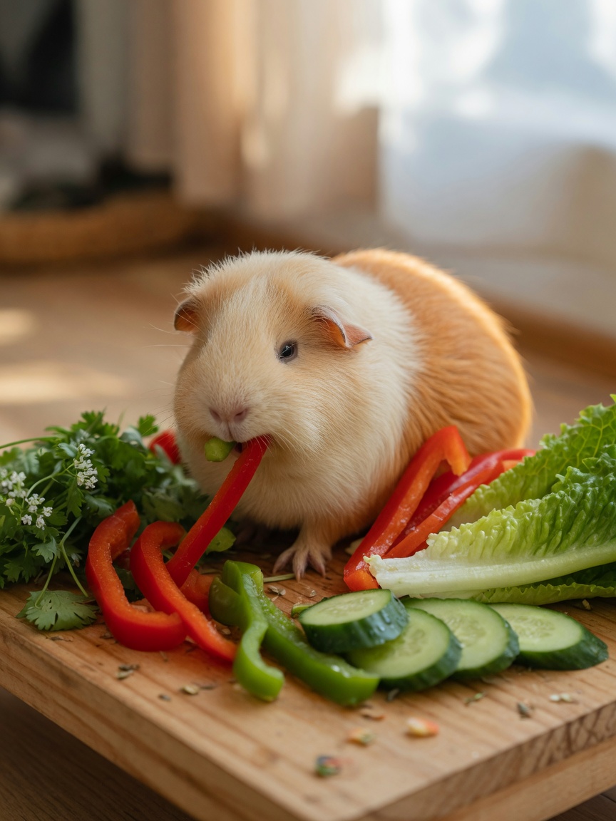 Meerschweinchen isst frische Paprika, umgeben von buntem Gemüse