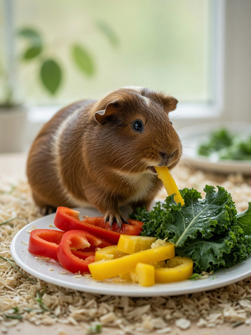 Guinea pig eating fresh bell peppers and kale rich in vitamin C
