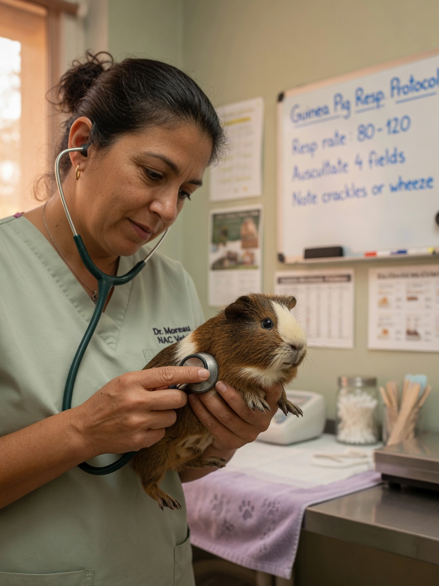 Exotic animal veterinarian examining a guinea pig's respiratory system with stethoscope