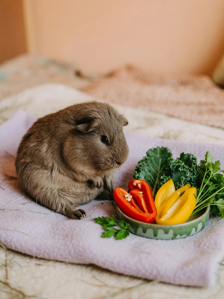 Guinea pig in hunched posture with fresh vitamin C-rich vegetables like bell peppers and leafy greens nearby