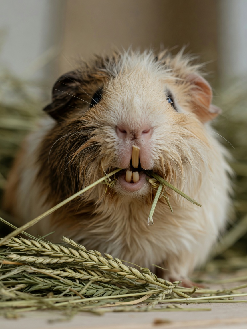 Guinea pig with wet chin and mouth struggling to eat hay, showing signs of dental problems and difficulty chewing