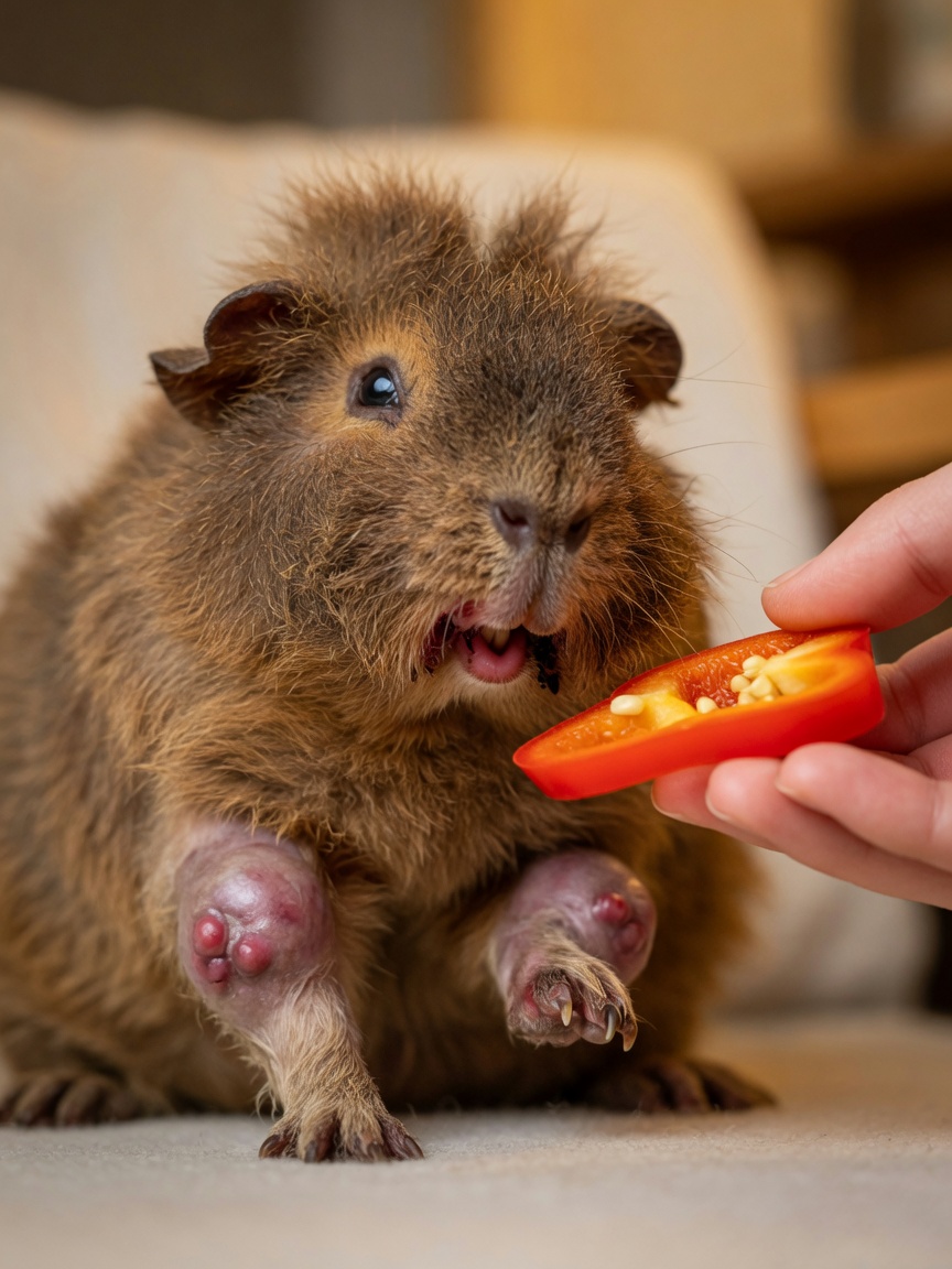 Close-up van een cavia met zichtbare tekenen van schurft, waaronder ontstoken tandvlees, gezwollen gewrichten en ruw haar, met een hand met verse paprika in de buurt