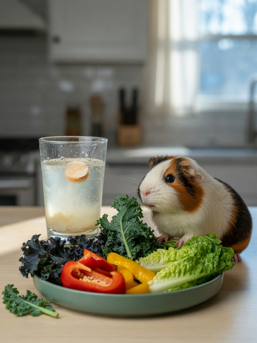 Een keukenblad met een afgebrokkelde Vitamine C-wateroplossing naast verse Vitamine C-rijke groenten en een cavia, wat illustreert waarom vers voer betrouwbaarder is dan wateraanvulling