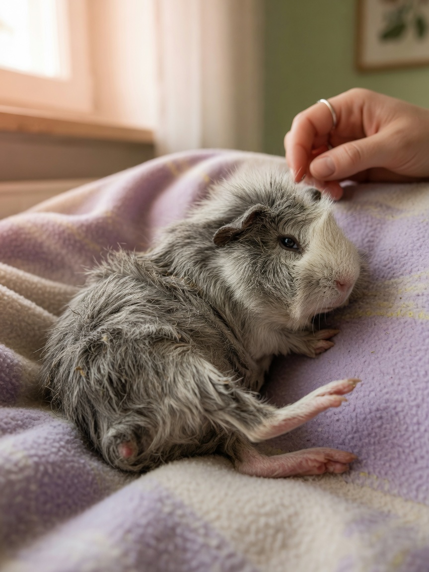 Meerschweinchen mit Lethargie und rauem Fellzustand, das auf Vitamin-C-Mangelsymptome hindeutet