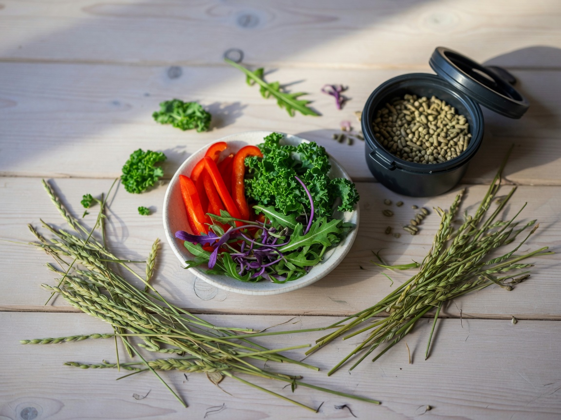 Meerschweinchen mit Vitamin-C-reicher täglicher Ernährung einschließlich Paprika, Grünkohl, Rucola, Heu und hochwertige Pellets