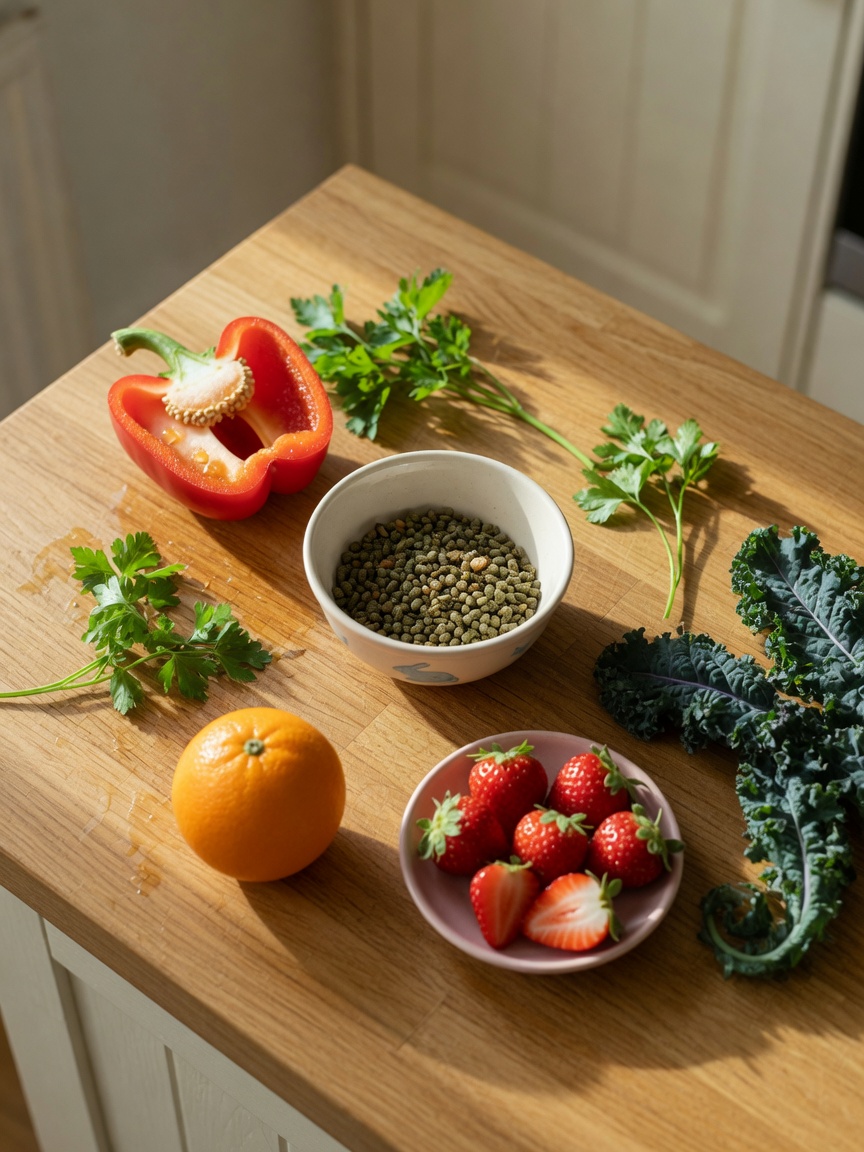 Daily guinea pig vitamin C food sources including red bell pepper, parsley, kale, strawberries, and orange arranged on a kitchen counter