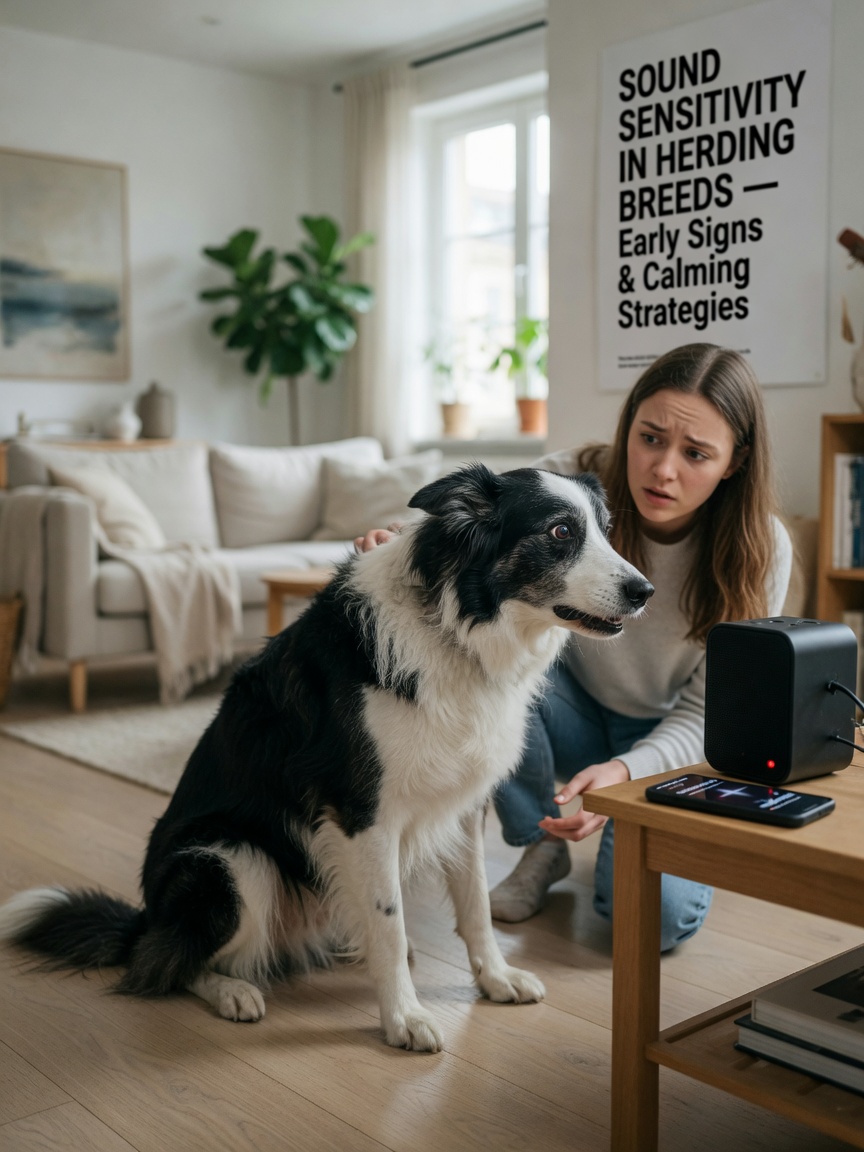 Border collie displaying stress response to noise, illustrating anxiety-related microbiome research