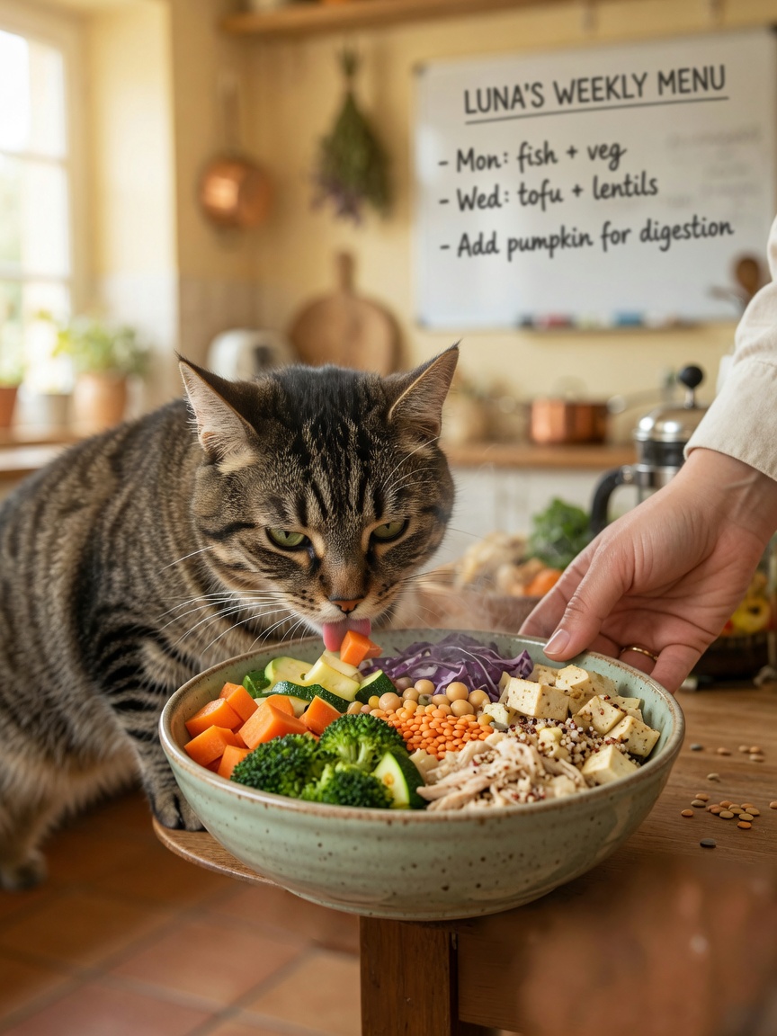 Cat eating a nutritionally diverse meal with vegetables and varied proteins for microbiome health