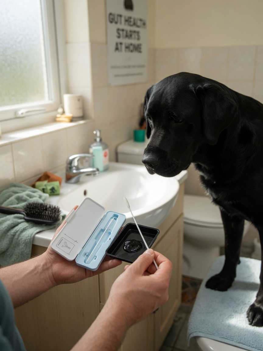 Pet owner collecting a stool sample from their black Labrador using a microbiome test kit swab at home