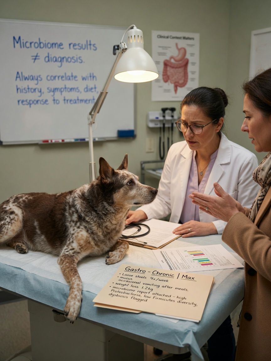 Veterinarian examining a mixed-breed dog during consultation about chronic digestive symptoms and test interpretation