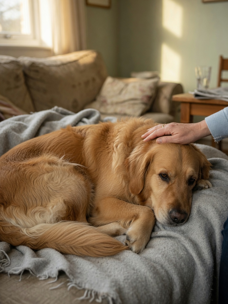 Senior Golden Retriever rust vreedzaam met hand van eigenaar zacht op de rug, illustreert subtiele ziekteverschijnselen