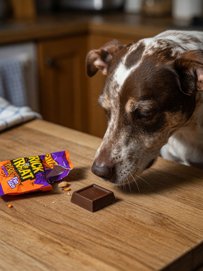 Dog attempting to eat dark chocolate Halloween candy on kitchen counter